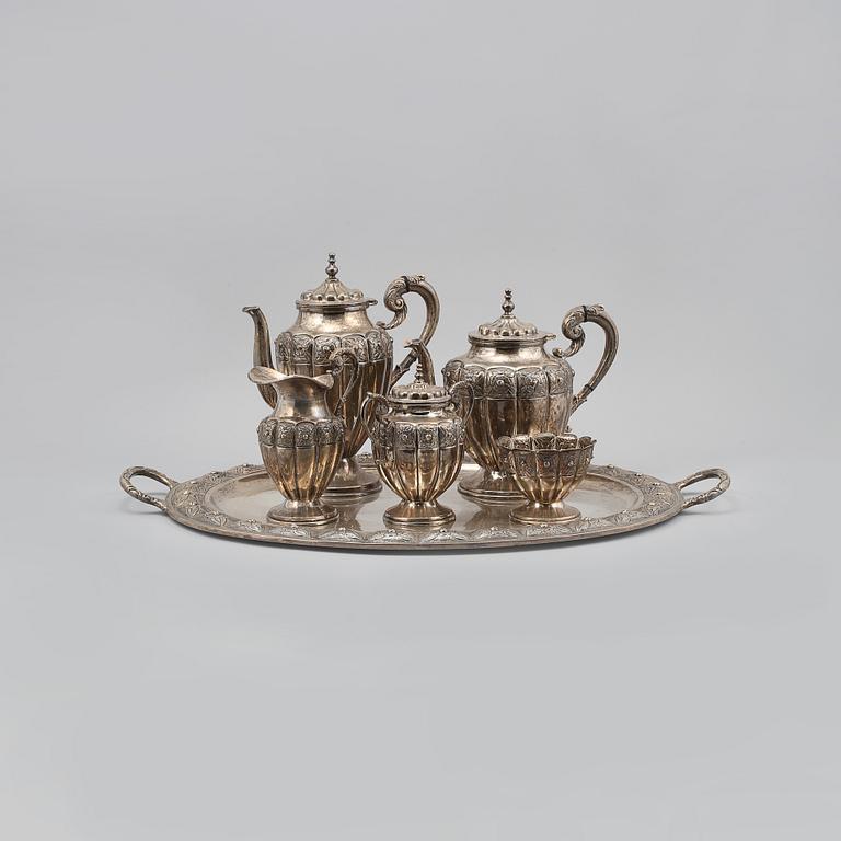 KAFFE/TESERVIS, 6 delar, silver, Mexico, 1900-tal, total vikt ca 5780 gram.