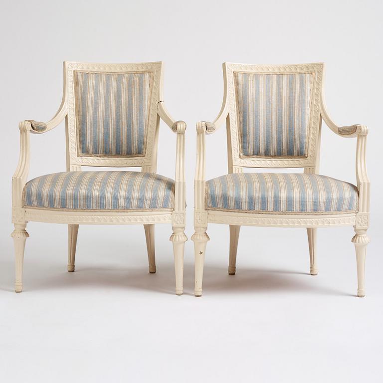 A pair of Gustavian armchairs, second part of the 18th century.