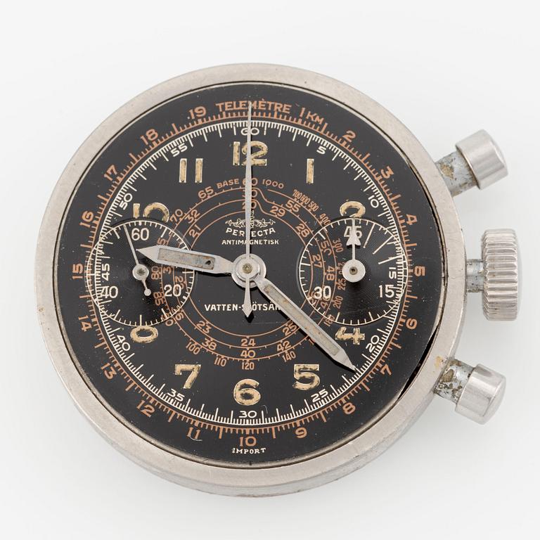 Perfecta, "Vatten-stötsäker", "Clamshell", chronograph, ca 1945.