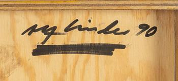 Alf Linder,  mixed media on panel, sigfned and dated -90 verso.