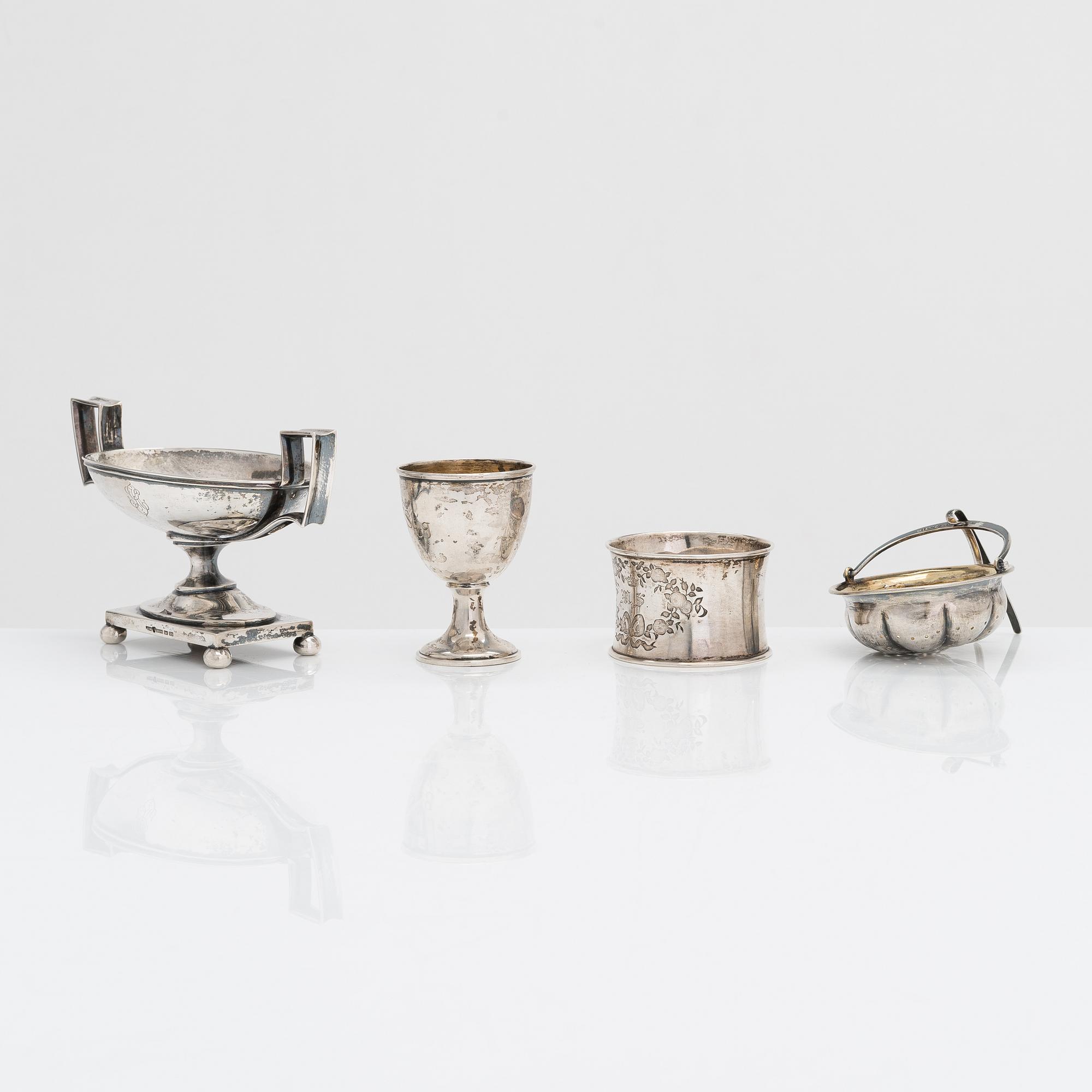 Four Finnish silver tableware objects, maker's marks of Viktor Aarne, O.R. Mellin, and others, 1861-1930.