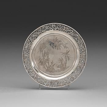107. A silver salver decorated with bamboo Makers mark Zee Wo, Shanghai, early 20th century.