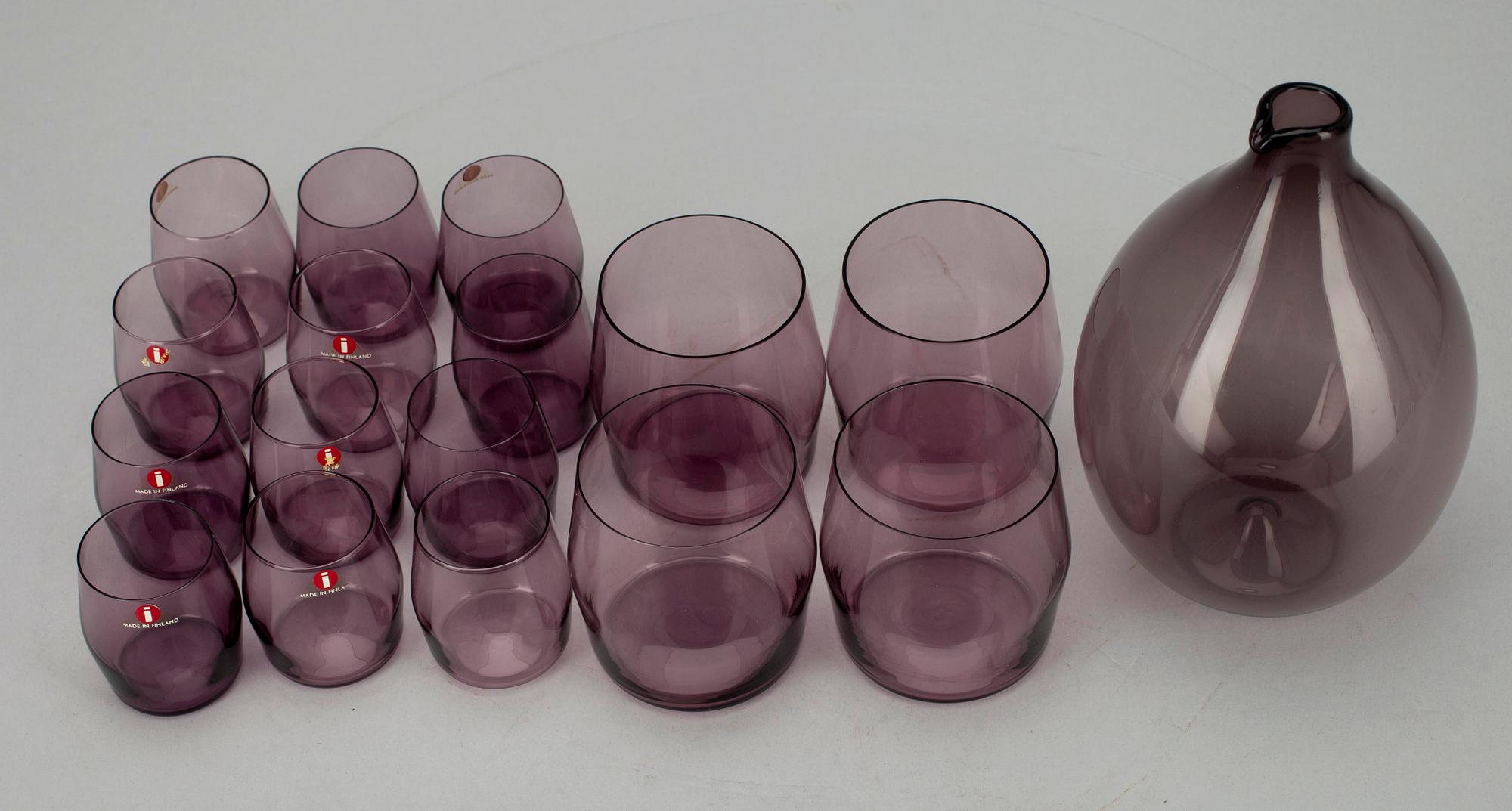 FLASKA, 12+4 GLAS, "Fågelflaskan", sign. Timo Sarpaneva, Iittala, 1900-talets slut.