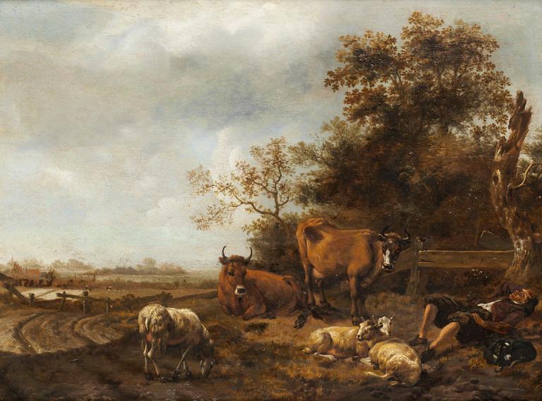 Paulus Potter Hans efterföljd, Pastoralt landskap med herde och getter.