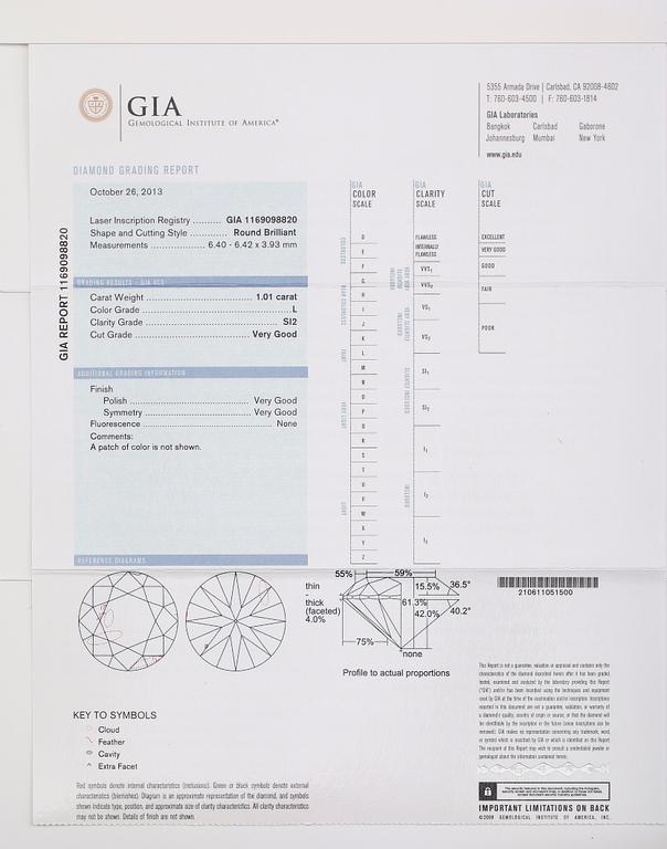 RING, 18 k vitguld, solitär briljantslipad diamant 1.01 ct.