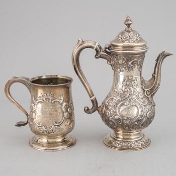 A silver jug and coffee pot, including  John Langlands I & John Robertson I, Newcastle 1788.
