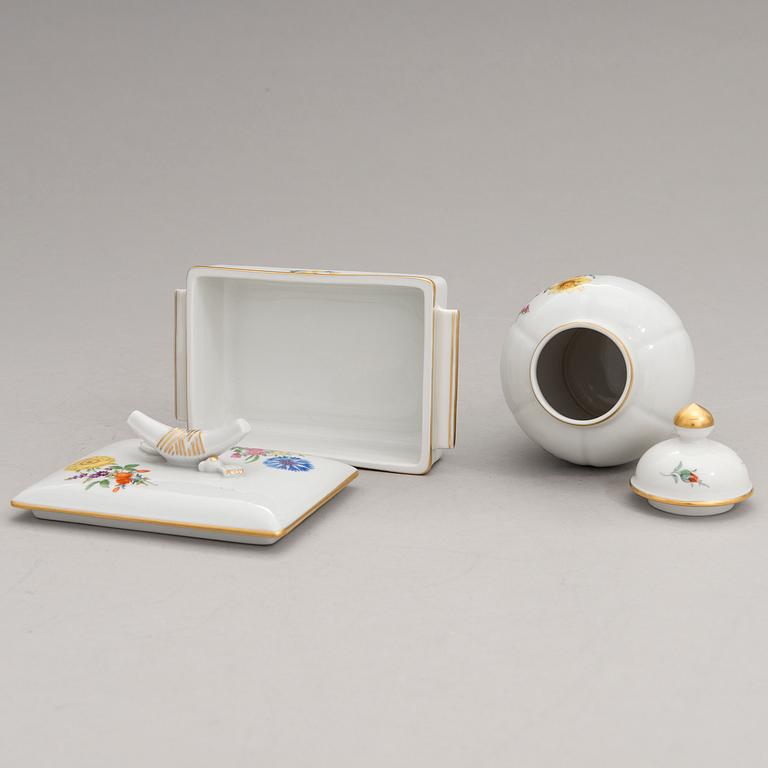 Two Meissen porcelain vases, a platter, an urn and a lidded box from the latter half of 20th century.