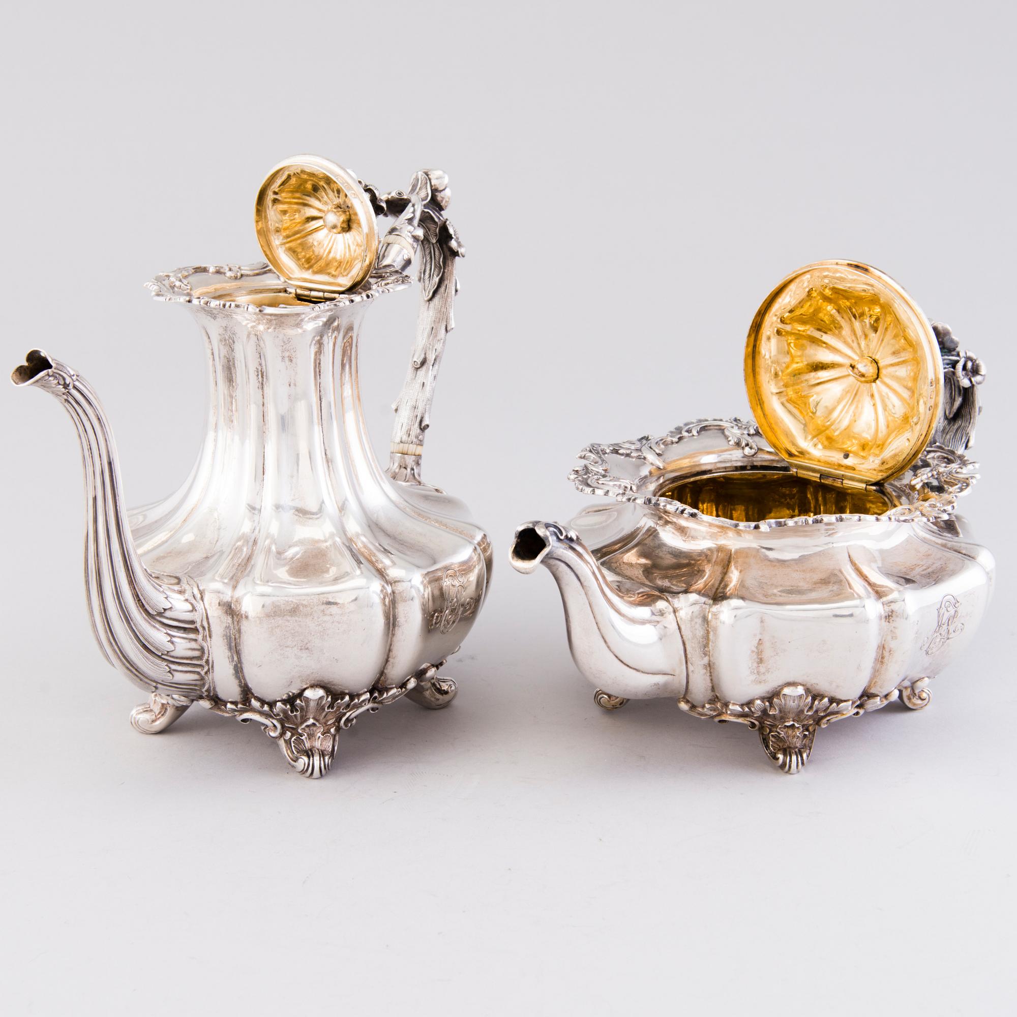TE- OCH KAFFESERVIS, 5 delar, silver, Carl Johann Tegelsten, Sankt Petersburg 1841-44.