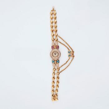 A DeLaneau ladies wristwatch set with brilliant-cut diamonds, pink topaz and aquamarine.
