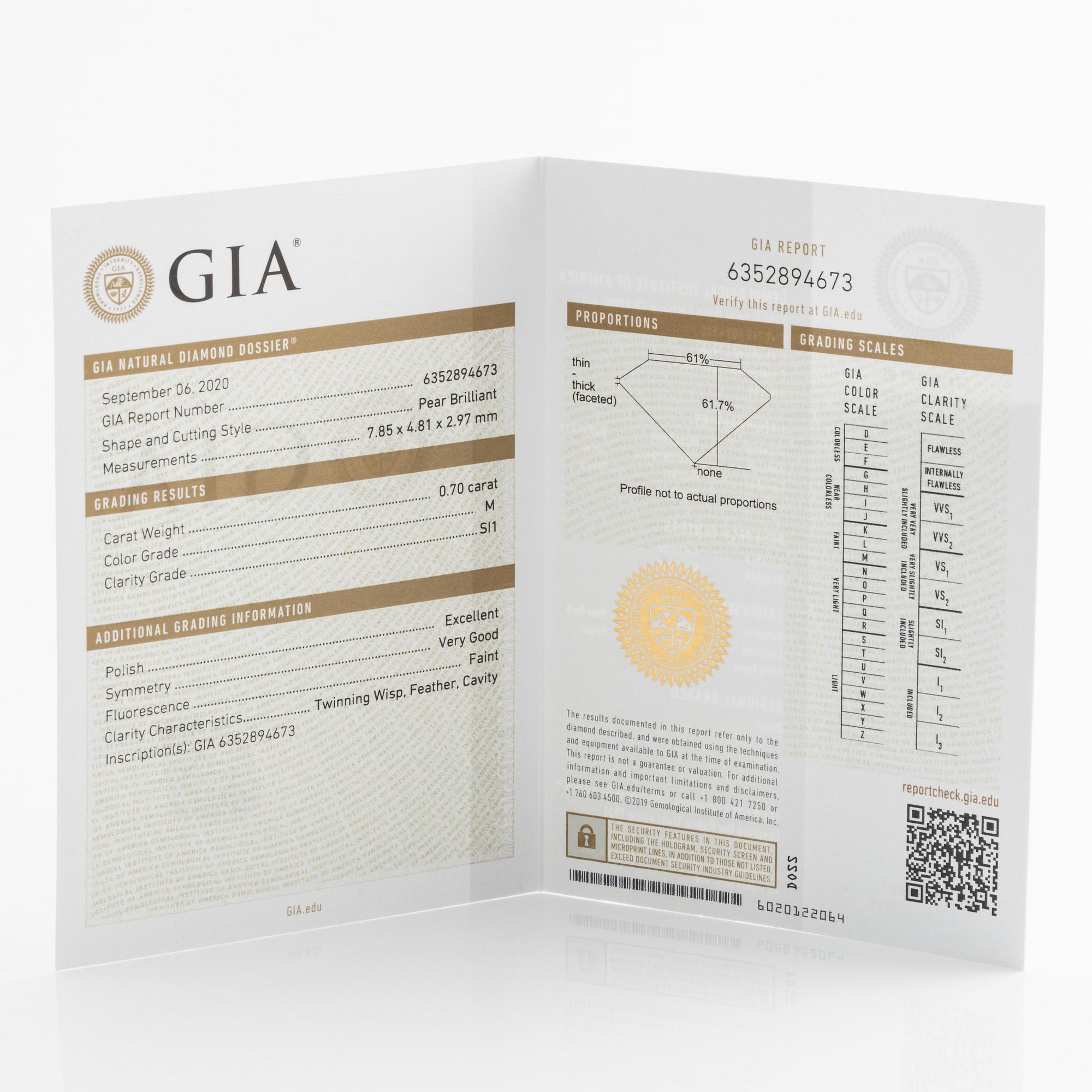 Ring med droppslipad diamant 0,70 ct, med GIA dossier.