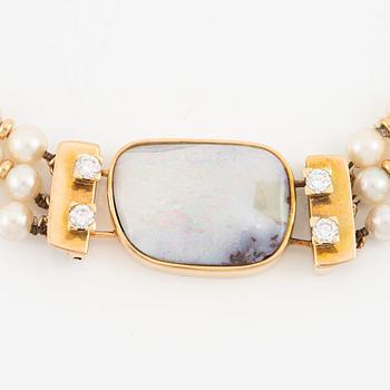 Necklace, three strands, cultured pearls clasp 14K gold with opal and round brilliant-cut diamonds.