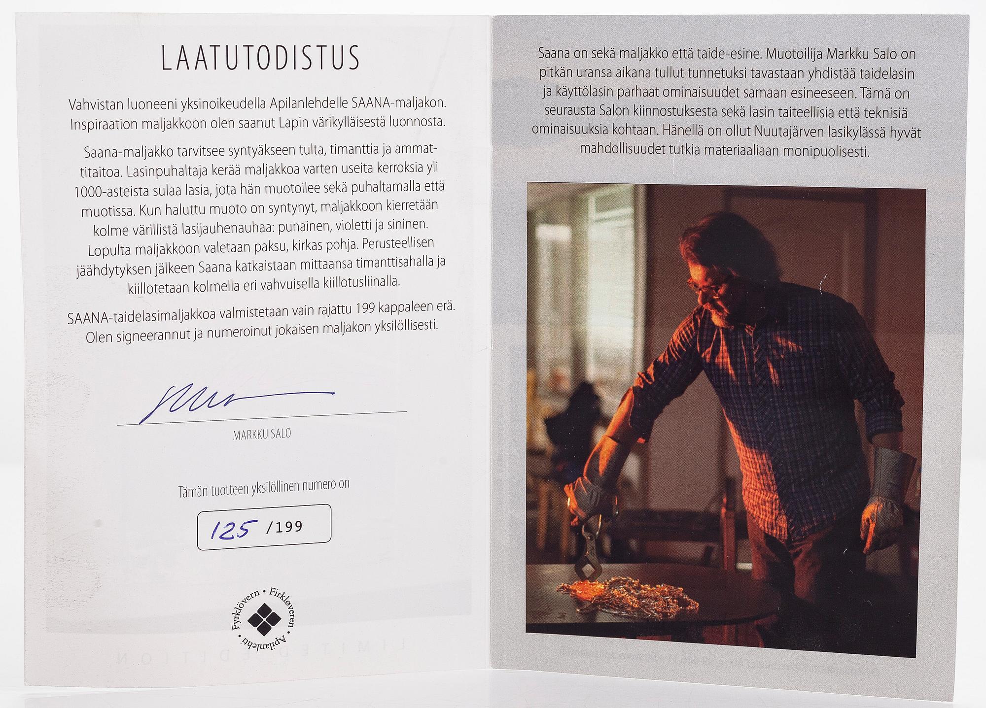 Markku Salo, konstglas/ vas, "Saana", signerad Markku Salo Nuutajärvi, 125/199 Fyrklövern.