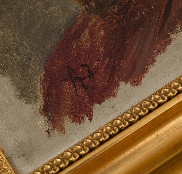 OKÄND KONSTNÄR, olja på pannå. Monogramsignerad.