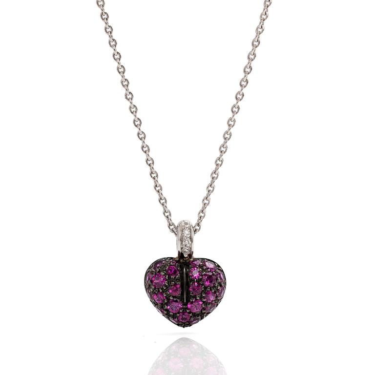 Necklace, 18K white gold, with a heart-shaped pendant in black rhodium-plated white gold set with rubies and brilliant-cut diamonds.
