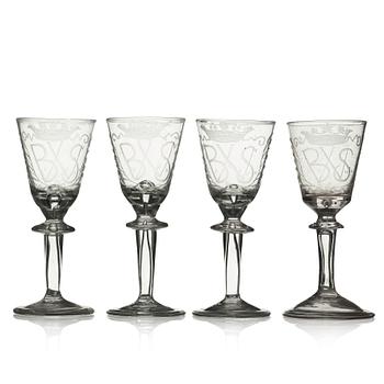 Four engraved Swedish wine goblets, 18th Century.