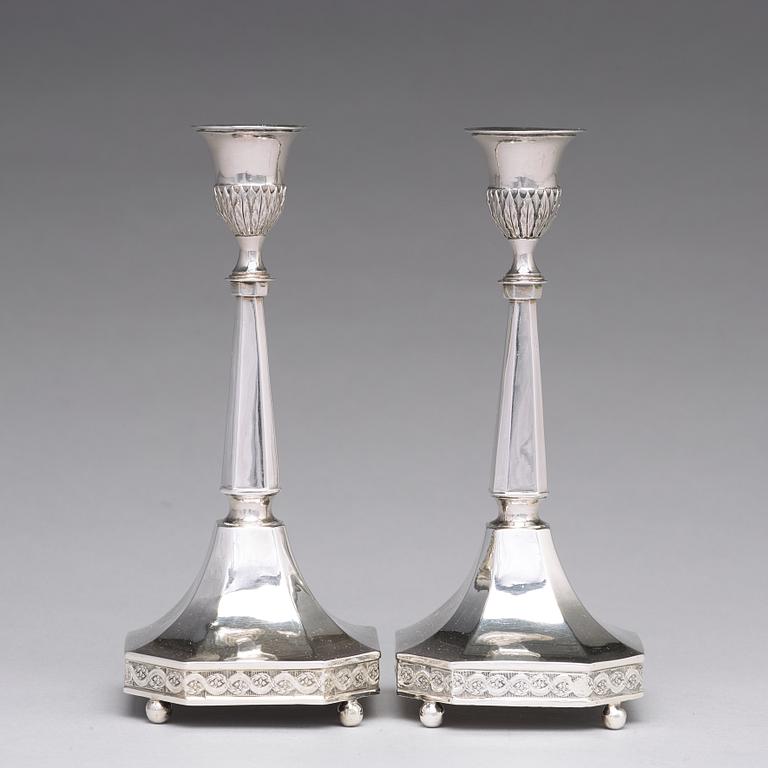 A pair of Swedish 18th century silver candlesticks, mark of Johan F Wildt, Stockholm 1797.