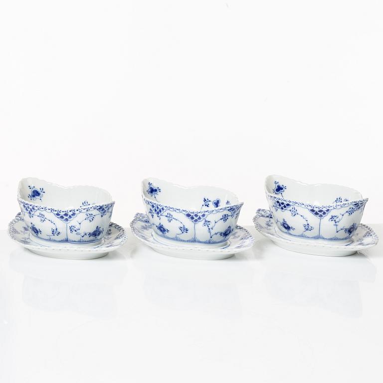 Royal Copenhagen, three sauceboats, 'Blue Fluted Full Lace', Denmark, 1979-83.