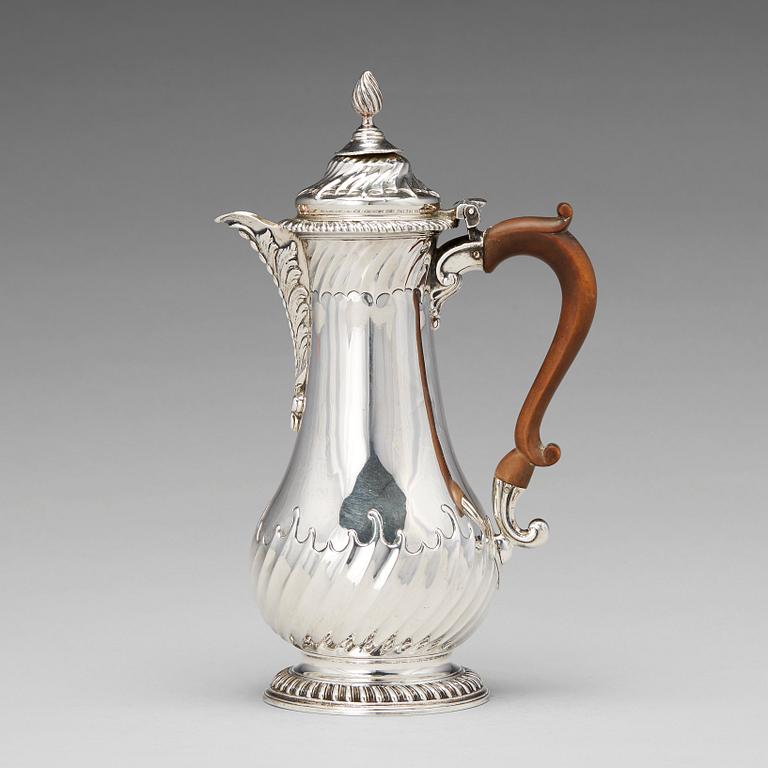 Jacob Marsh troligen, chokladkanna, silver, London 1759.