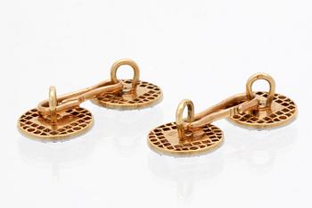 Cufflinks 18K gold, rubies, mother of pearl and rose-cut diamonds, French hallmarks, width approx 1 cm.