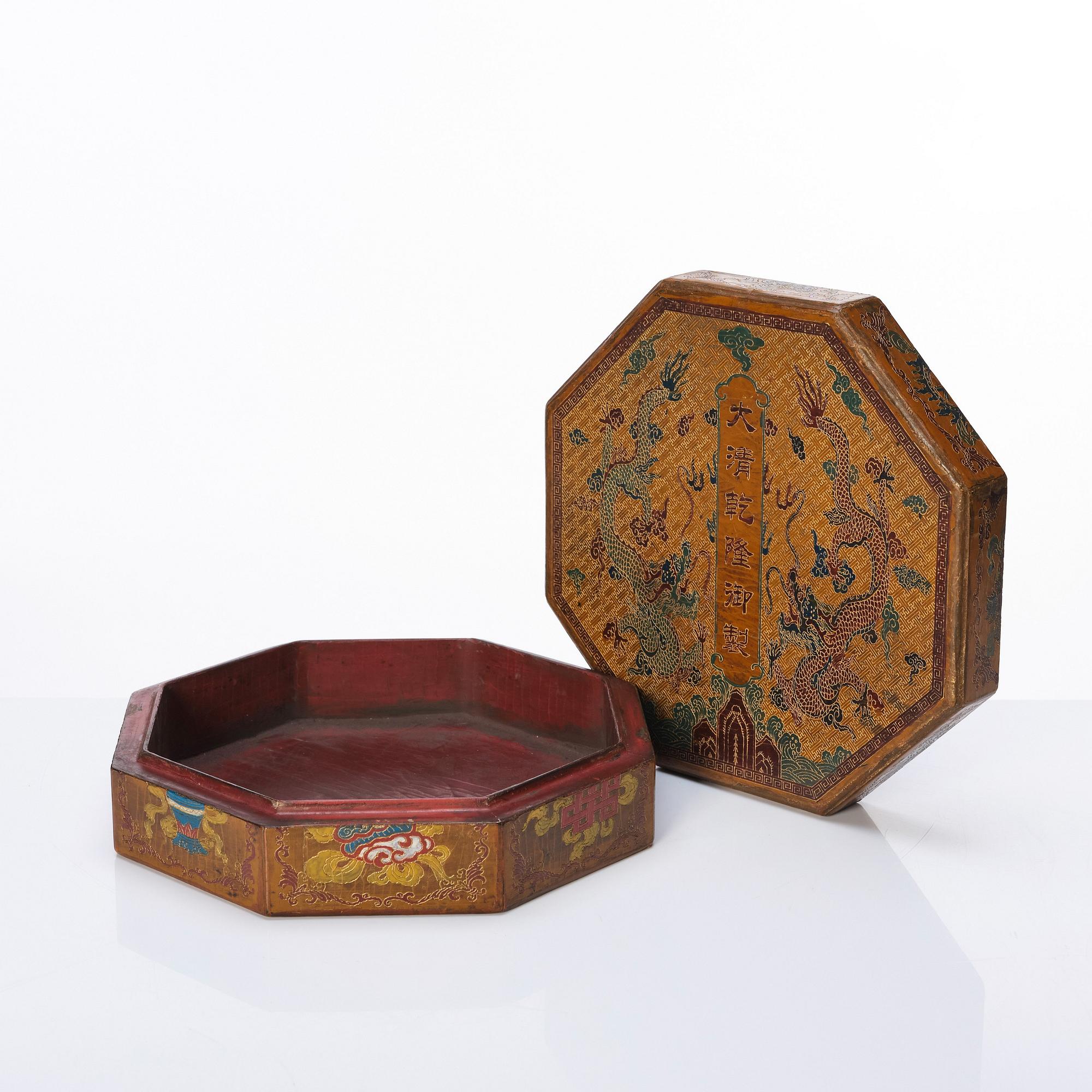 A Chinese lacquer treasure/curio box with cover, Qing dynasty with Qianlong mark to cover.