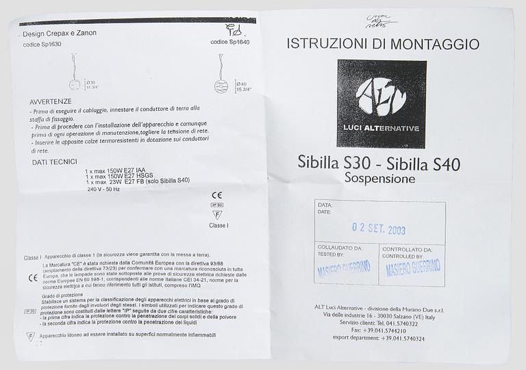 A "Sibilla" pendant light, ALT Luci Alternative, Murano, Italy 2000s.
