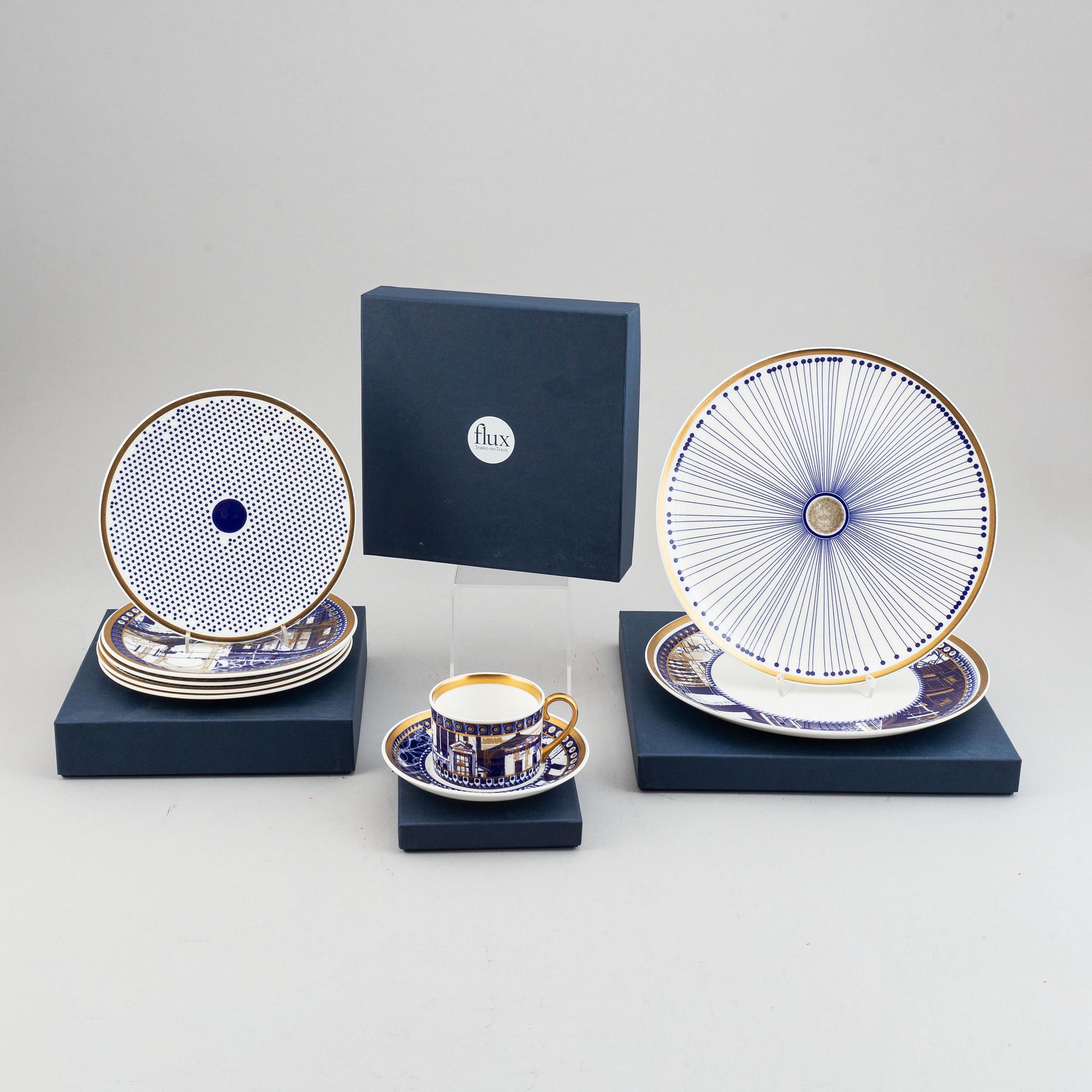 A 24 pcs bone china service from Flux Stoke on Trent, different motives and designers, designed in 2012. England.