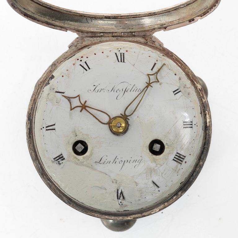 A silver carriage clock by I. Nesselius (watchmaker 1811-46), case by P. G. Strömberg, Linköping 1820.