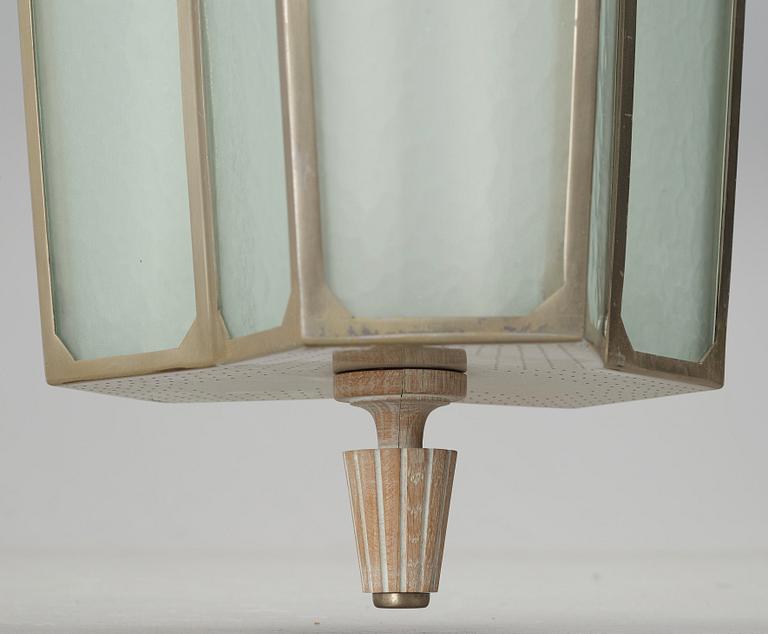 SWEDISH DESIGNER, a nickel plated, white chalked oak and frosted glass ceiling light, mid 20th Century.