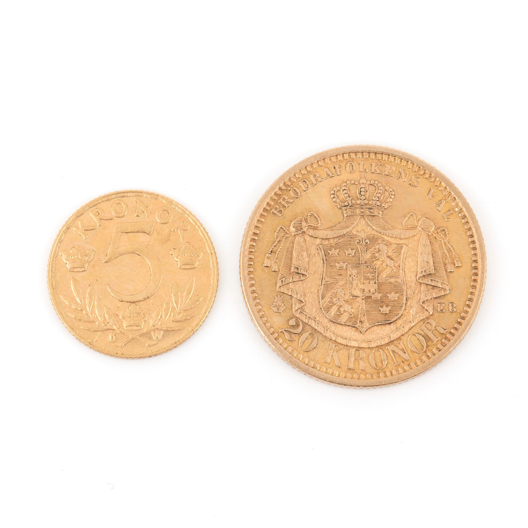GULDMYNT, 20 kr resp 5 kr, Oscar II, Gustaf V, Sverige 1899 resp 1920. Tot ca 11 gram.