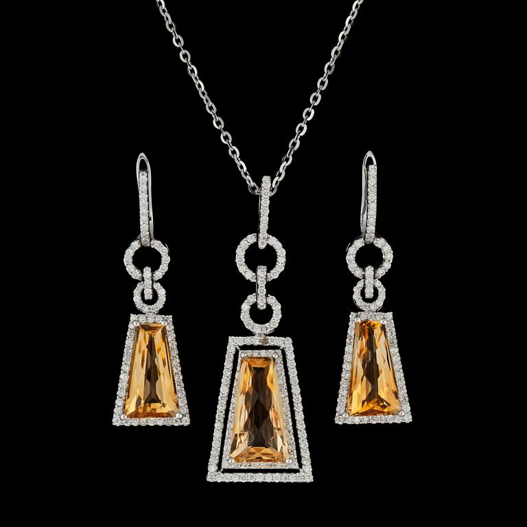 A citrine and brilliant cut diamond pendant and earrings, tot. 1.37 cts.