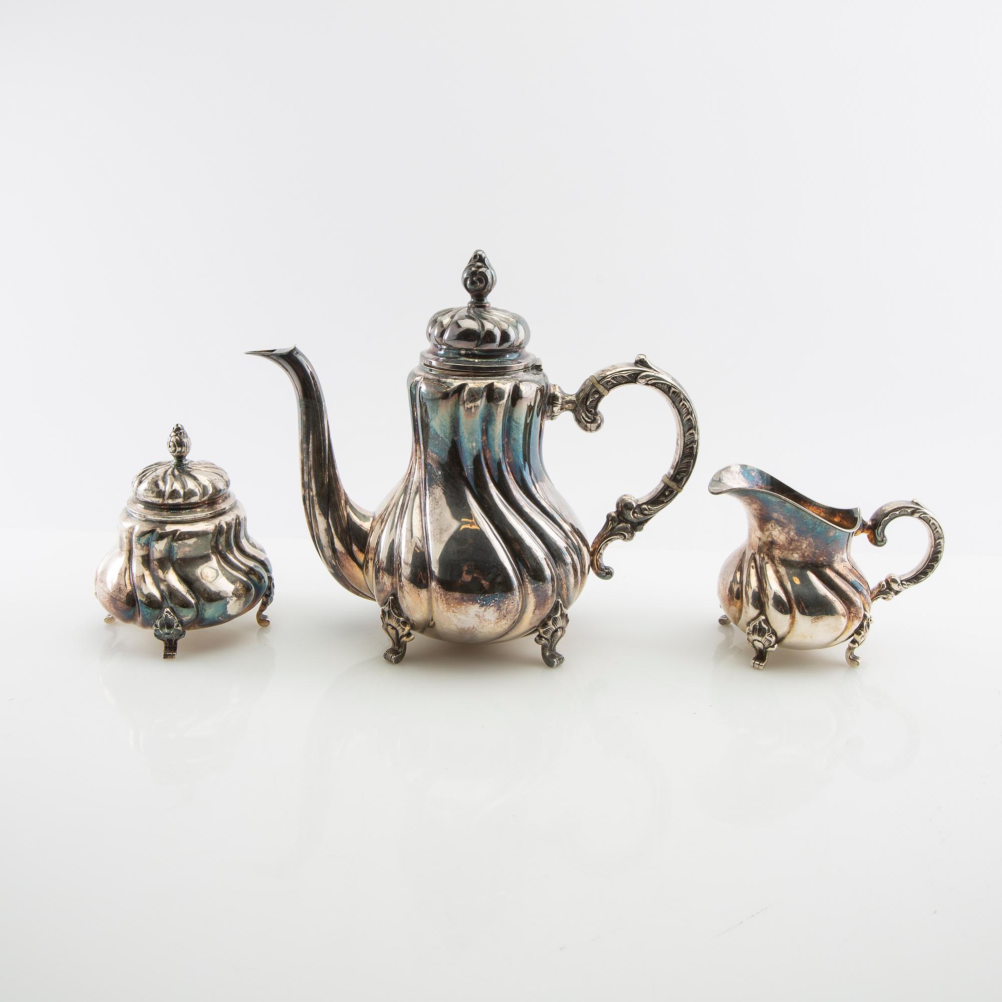 Kaffeservis, 3 dlr silver svenska importstämplar rokoko-stil 1900-talets mitt.