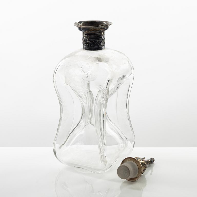 An etched glass and silver flask, later part of the 19th Century.