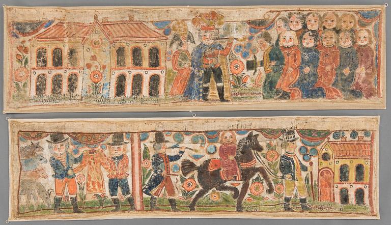 A lot of four traditional folk art wall paintings southern Sweden 19th century.