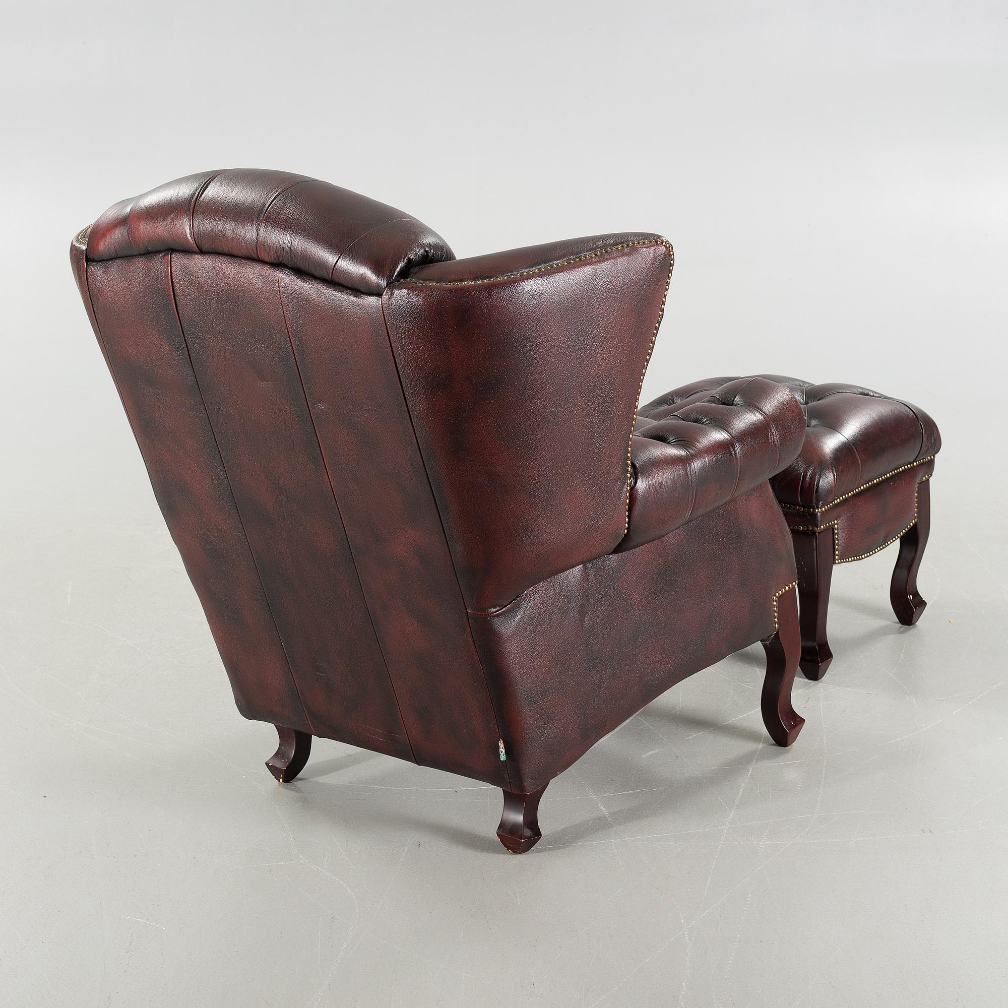 ARMCHAIR with STOOL, Chesterfield model, "Möbel Art", 20th century later part.