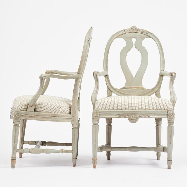 A pair of Gustavian open armchairs, Stockholm, late 18th century.
