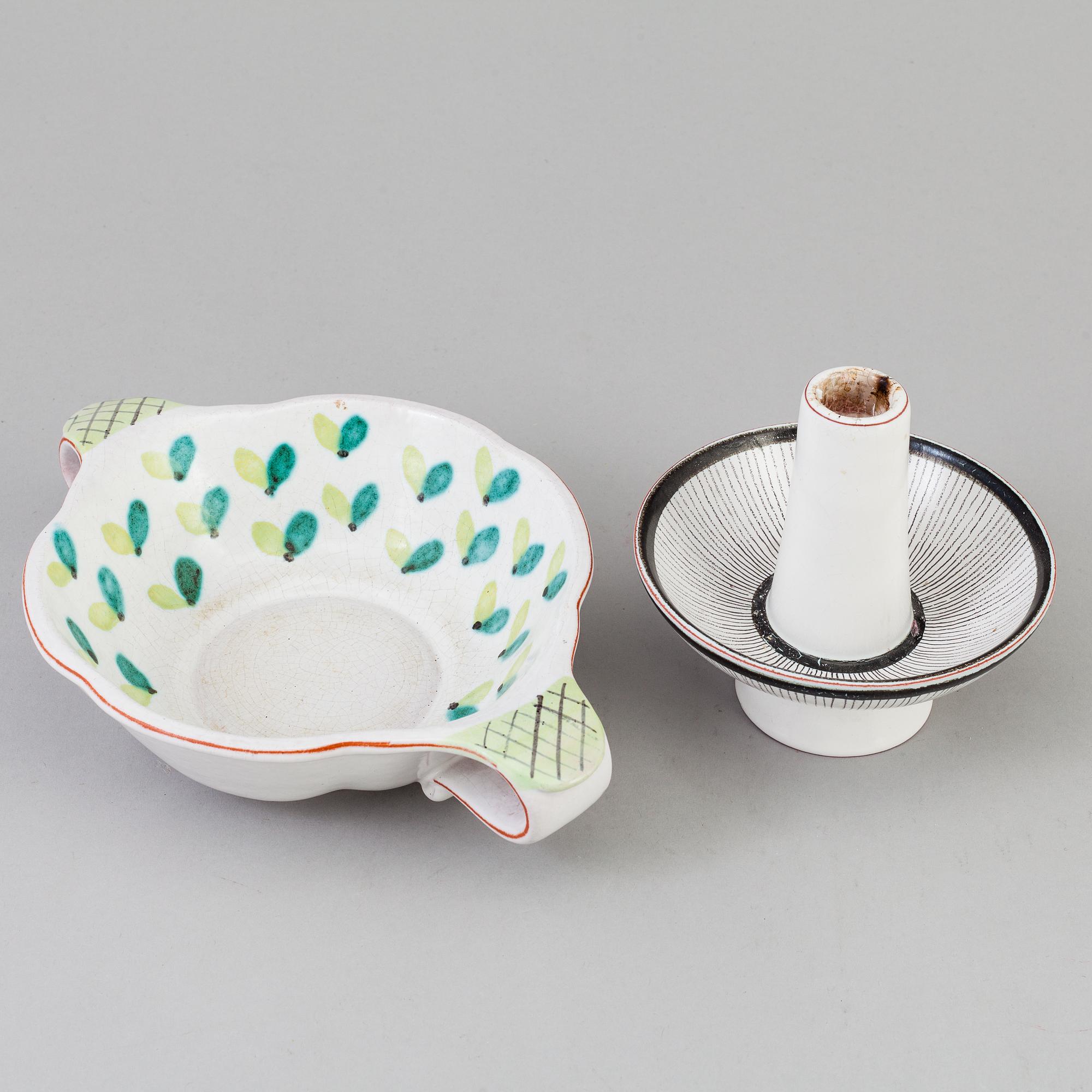 A Stig Lindberg faience candle-stick and  a bowl, 1940's.