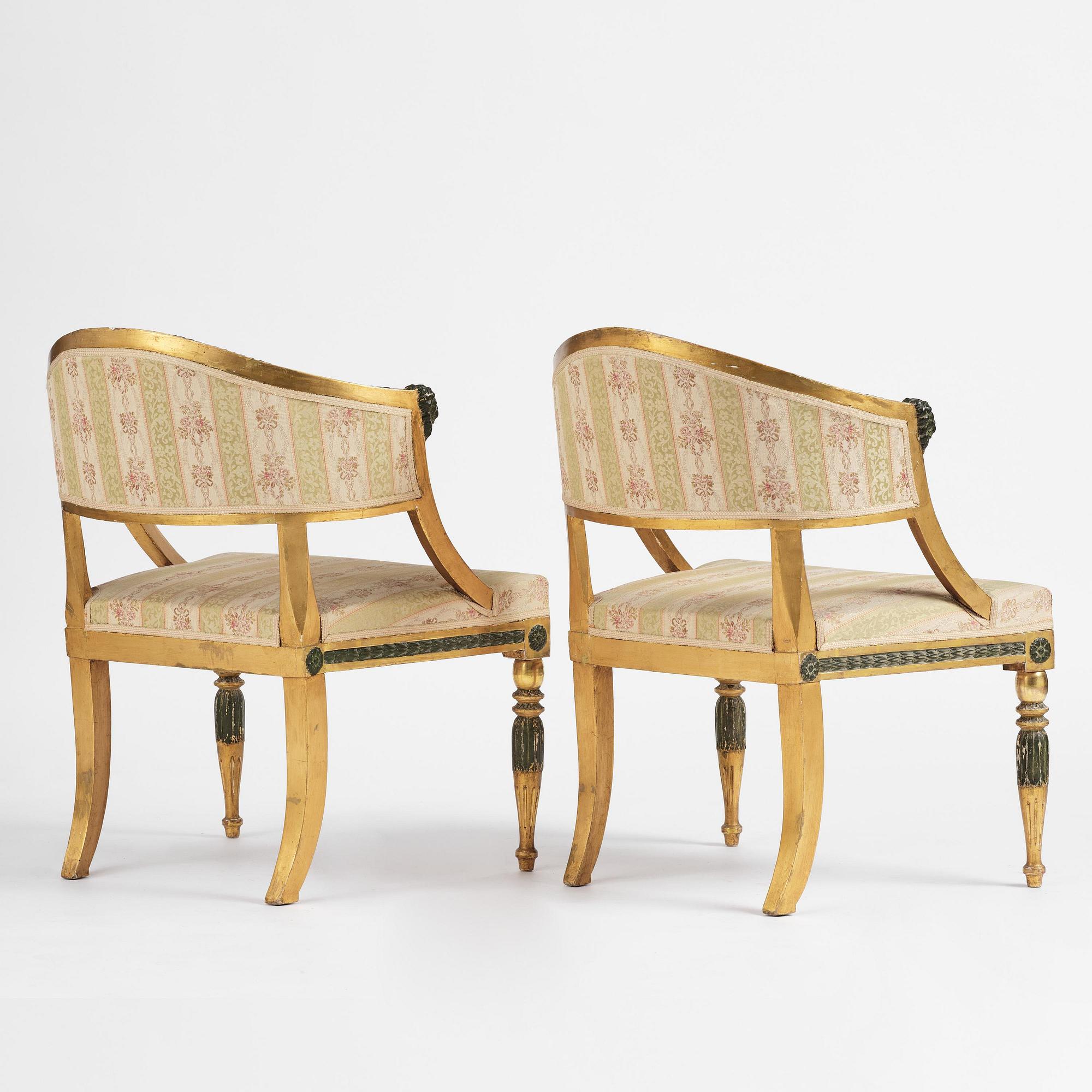 A pair of late Gustavian giltwood open-back armchairs, Stockholm, late 18th century.