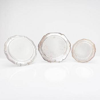 Three silver plates and a tray, Turku and Hämeenlinna, Finland 1956-95.