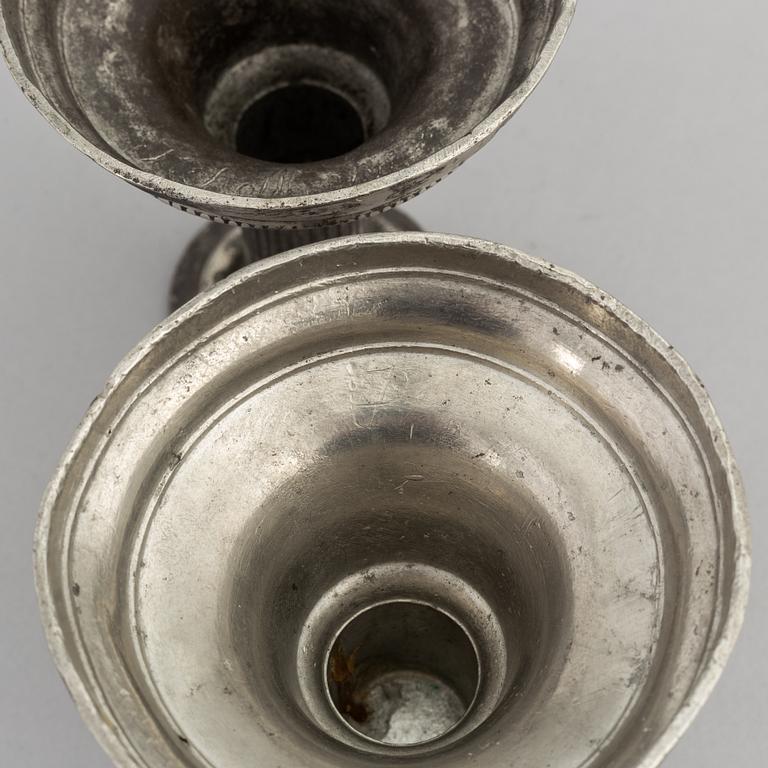 A pair of late gustavian pewter candlesticks, mark of Pehr Johan Mattson (active 1808-1838).