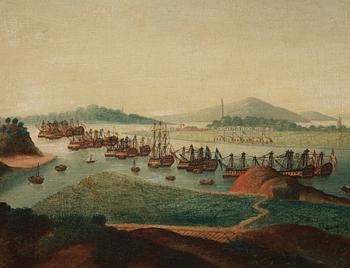 A China Trade oil painting of Whampoa Anchorage by an unknown artist, Qing dynasty, circa 1800.