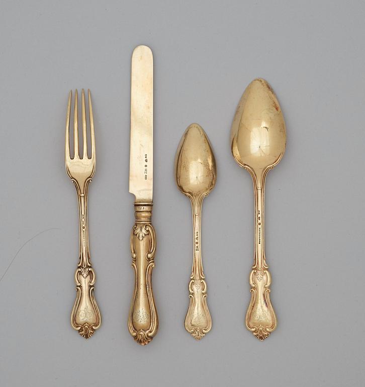 A Swedish 19th century silver-gilt 72 piece dessert cutlery, marks of Fredrik and Wilhelm Zethelius, Stockholm 1846.