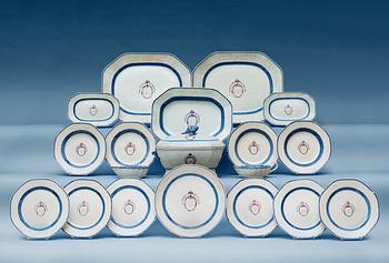 1709. A blue and white monogram service, Qing dynasty, Jiaqing (1796-1820). (55 pieces).