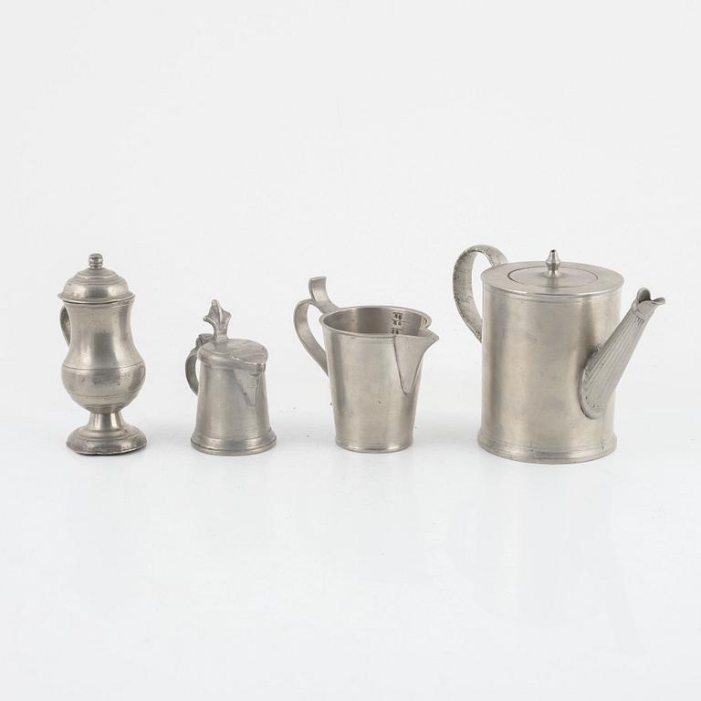 Four pewter items, various masters, 18th - 19th century.