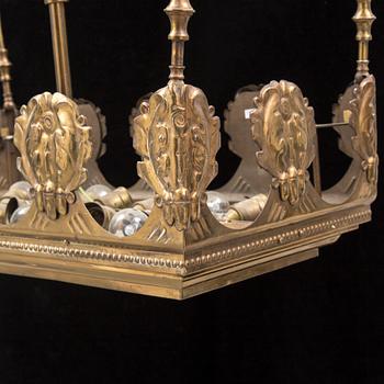 TAKLAMPA / BILJARDBORDSLAMPA, mässing och glas, 1900-talets första hälft.
