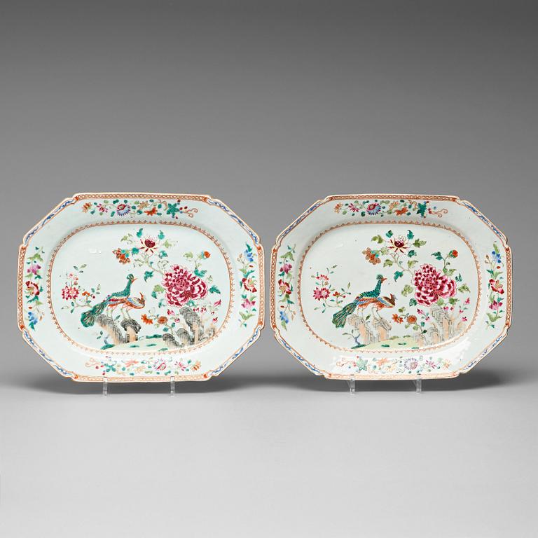 A pair of famille rose double peacock serving dishes, Qing dynasty, Qianlong (1736-95).