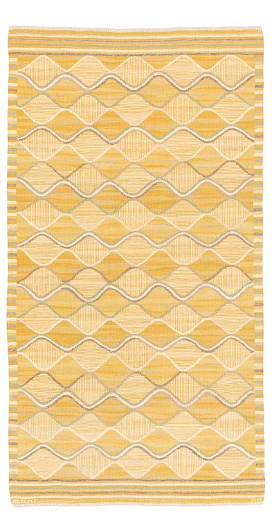 Barbro Nilsson, a carpet, "Spättan, gul", flat weave, ca 269 x 146 cm, signed AB MMF BN.