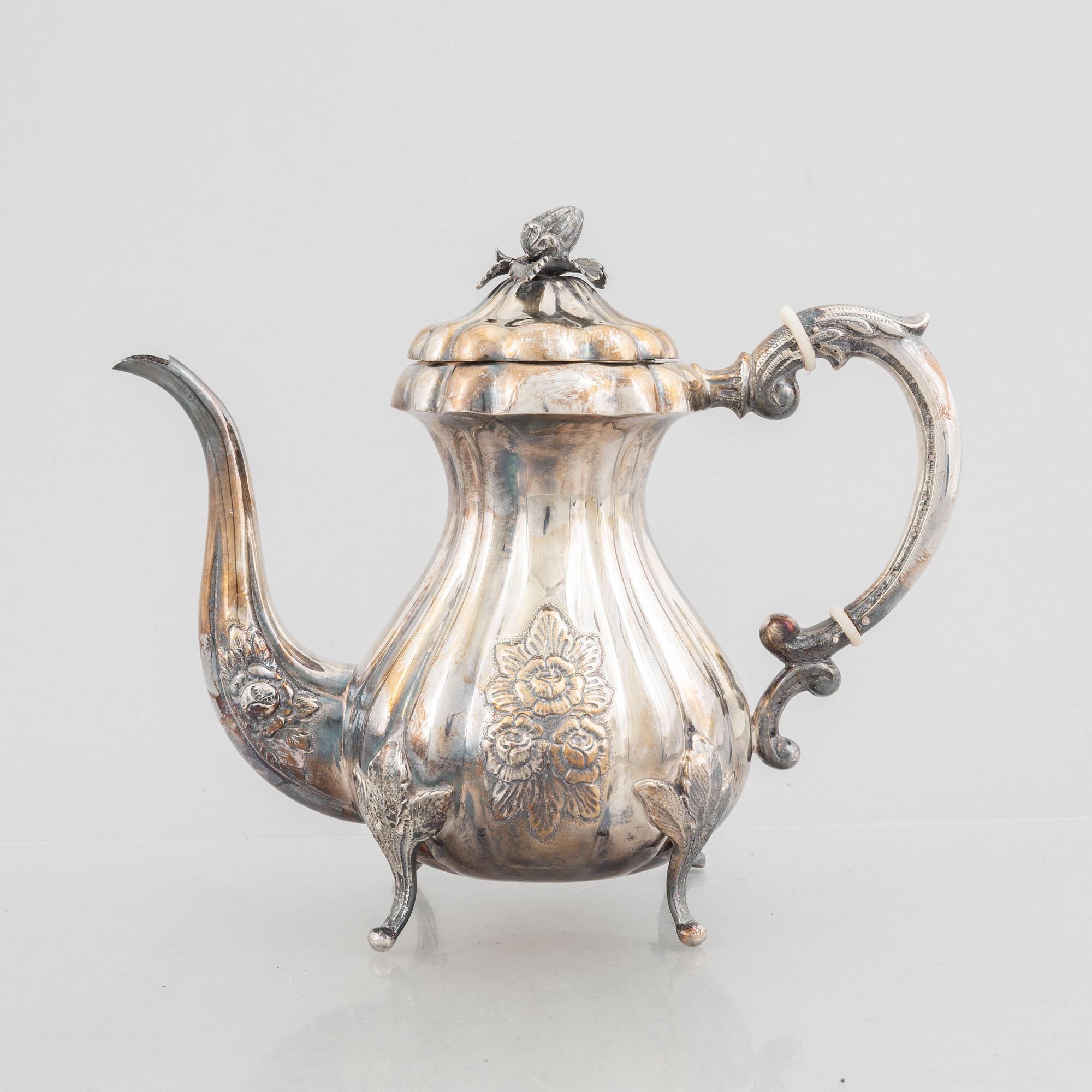 A silver coffeepot, presumably first half of the 20th century, with Swedish import marks.