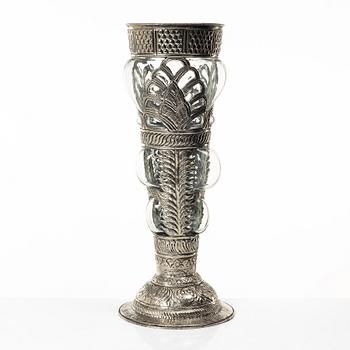 Vase, glass, and white metal, unmarked, 20th century.