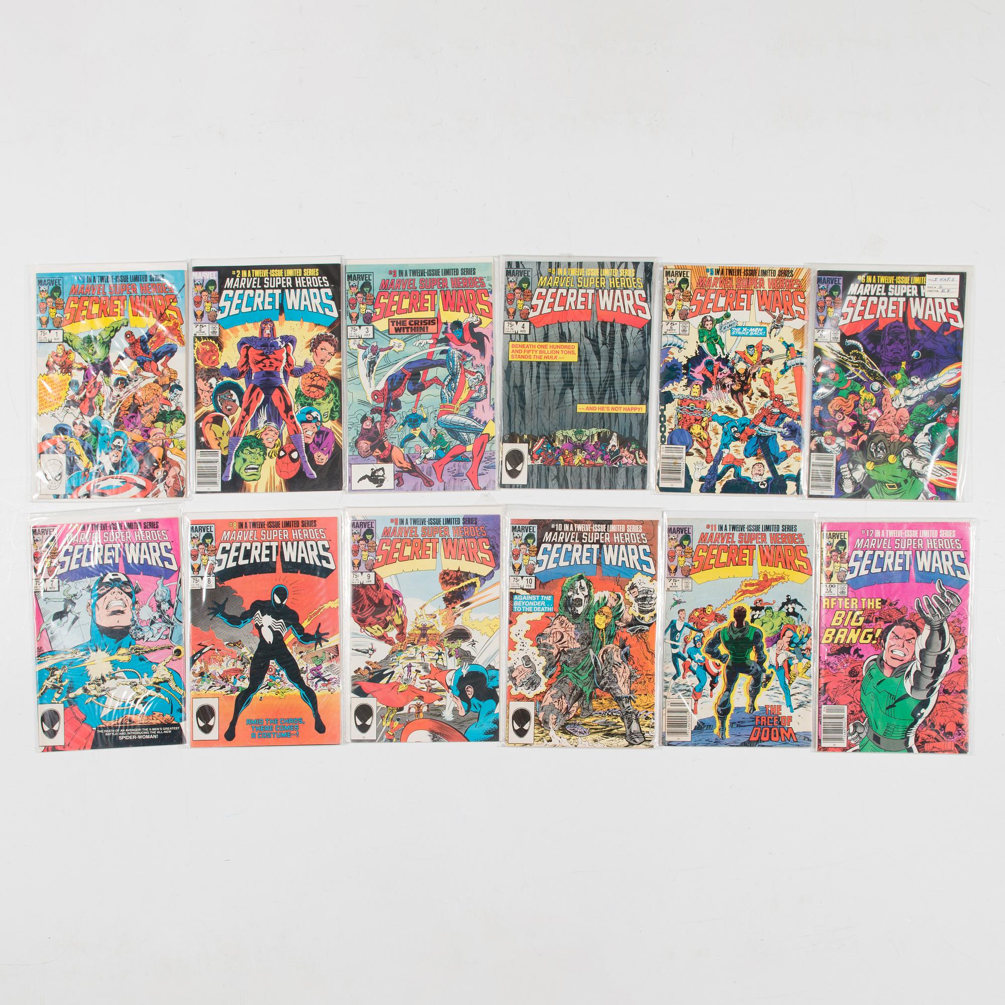 Serietidningar, 45 st, kompletta serier, Secret Wars I, II, III, Marvel, USA, 1984-88.