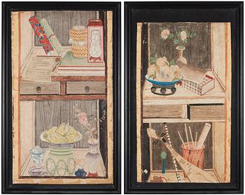 689. Two Chinese panels, by unknown artist, ink and colour on paper laid on board, Qing dynasty, 18th Century.